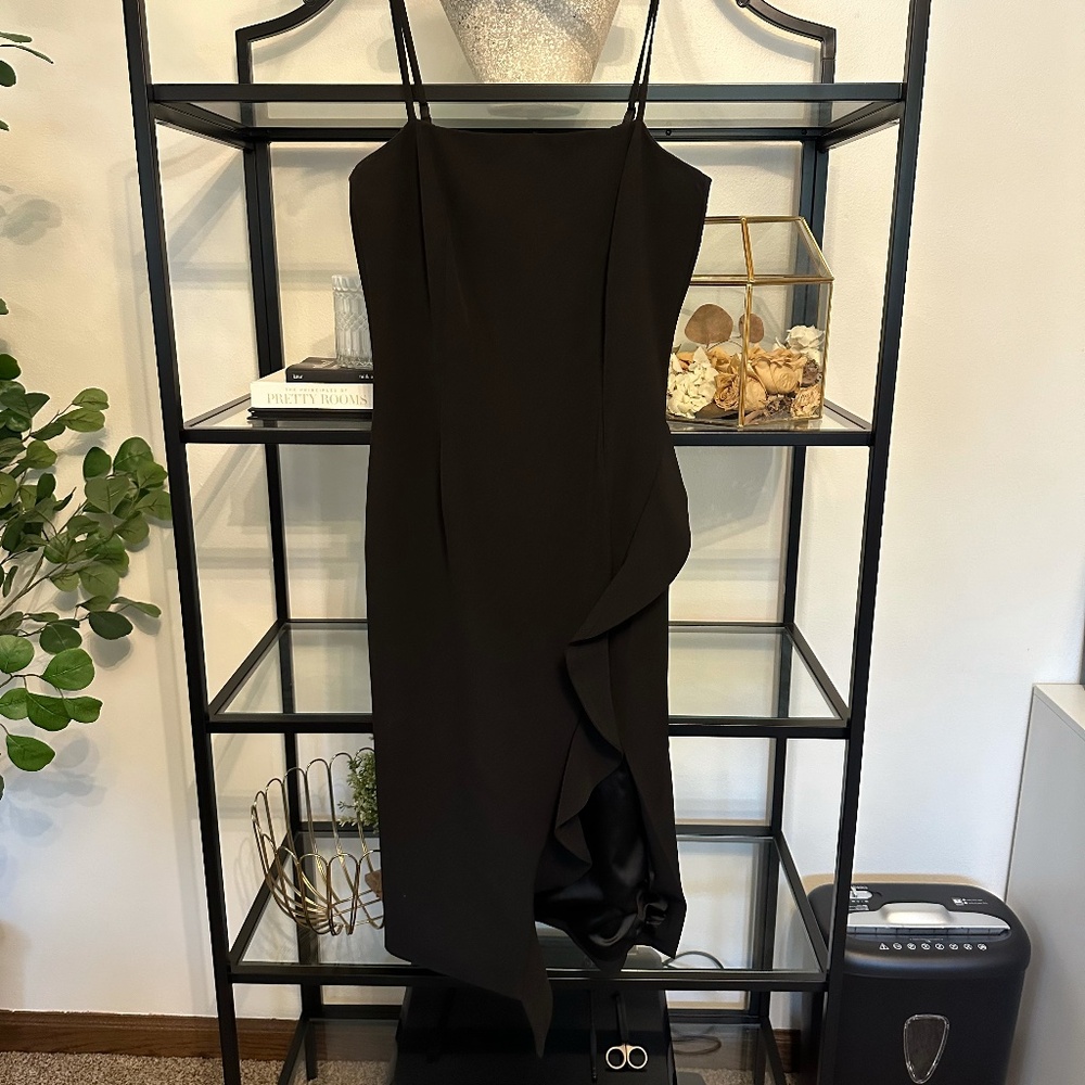 Black Bardot Spaghetti Strap Cocktail Dress with High Slit Size Small